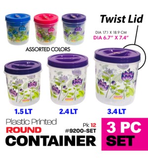 Plastic Container w Twist Lid Round (1.5+2.4+3.4Lt) 3Pc - Printed Asstd