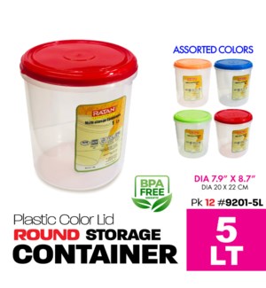 Plastic Container w Lid Round 5Lt - Asstd Color Lids