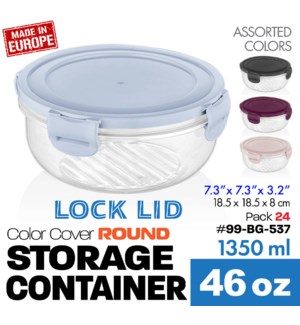 Plastic Food Container Round w Lock Lids 47oz-1.4Lt Asstd Colors