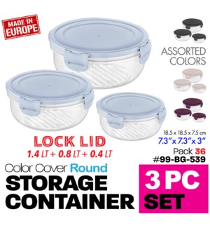 Plastic Food Container Round w Lock Lids (.4+.8+1.4Lt) 3Pc Set - Asstd Colors