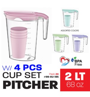 Plastic Pitcher W 4-Pieces Cup Set 2Lt Asstd Colors