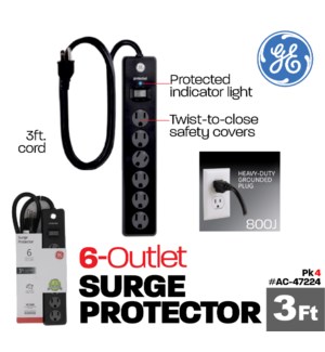 GE 6-Outlet Surge Protector 3Ft - Black