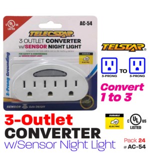 UL -3 Outlet Adapter w/Sensor Night Light