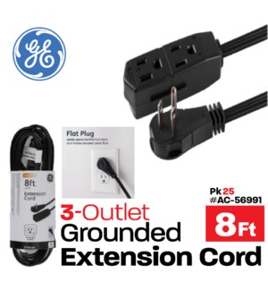 Outlet 3 GE Grounded Extension Cord 8Ft - Black