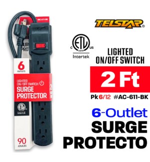 6 Outlet power strip / Surge Protector 2 Ft - Black