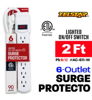 6 Outlet power strip/Surge Protector 2 Ft- White