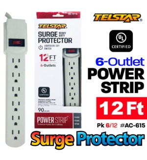 6 Outlet Surge Protector -12 Ft Black