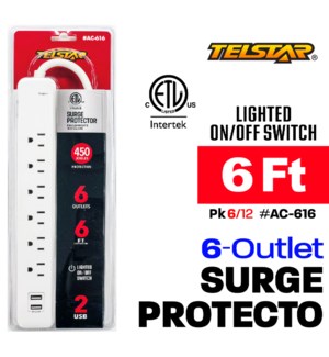 6 Outlet power strip /Surge Protector 6Ft -White