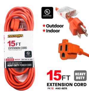 15' Orange Ext Cord, Etl