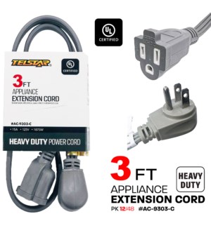 Extension Cord 1 Outlet 3Ft Grey UL