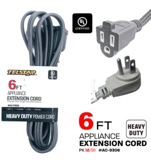 Extension Cord Heavy Duty 6Ft Grey UL