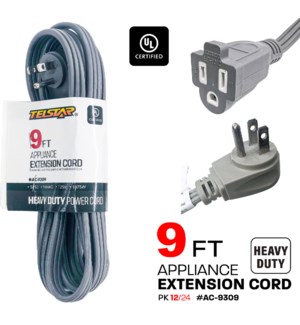 Extension Cord Heavy Duty 9Ft Grey UL