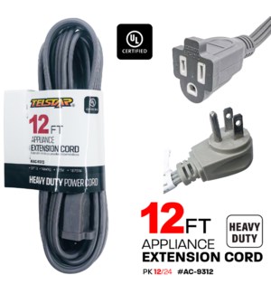 Extension Cord Heavy Duty 12Ft Grey UL