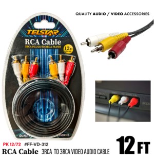 Audio Cable white 12ft Plug 3rca-3rca