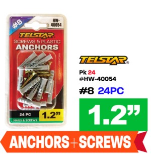 Plastic Anchors & Screws 12Pc Set #8 1-3/16"