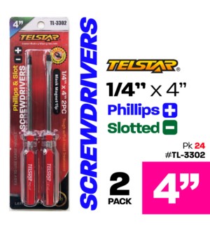 Slotted & Phillips (1/4"x4") Magnet Tip Screwdrivers 2 Pk