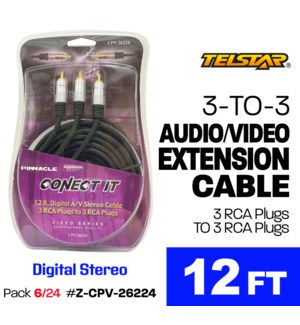 Digital A/V Stereo Dubbing Cable 3RCA Plug-3RCA Plug 12'