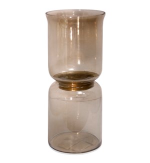 AMBER CANDLE PILLAR LARGE | 8in w. X 20in ht. X 8in d. | Tinted Glass Candle Holder with Gold Band C