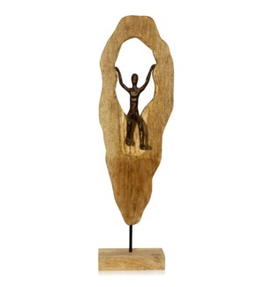 HUMAN DESCENDING | 25in ht X 8in w X 4in d | Natural Carved Wood Table Top Accessory with Pewter Pai