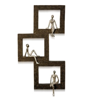 WAITING WINDOWS | 27in ht X 15in w X 4in d | Natural Stained Wood Wall Sculpture with Painted Pewter