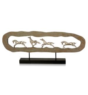 DASHING HORSES | 12in ht X 31in w X 3in d | Natural Carved Wood Table Top Accessory with Pewter Pain