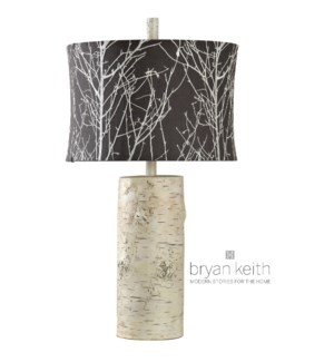 Willow log base table lamp in berkeley finish with custom designer embroidered fabric shade