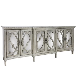 Amalfi 6 door cabinet features bold overlay grill fronting mirrored doors. Has a breakfront centered