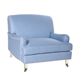 DANN FOLEY LIFESTYLE  | Baby Blue Upholstered Accent Chair on Casters | 35in ht. X 37in w. X 40in d.