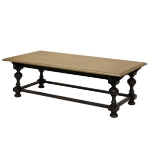Colorado rectangular Cocktail Table. Carved inlay at corners. With bold stretcher base and turned le