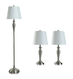 BRUSHED STEEL SET | Two Table Lamps & One Floor Lamp with White Hardback Shades | 100 Watts | 12in w