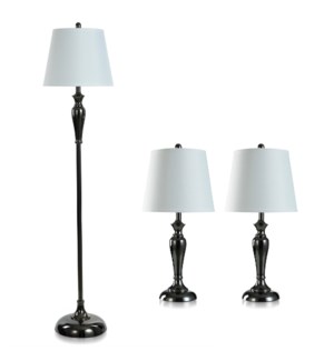 BLACK NICKEL SET | Two Table Lamps & One Floor Lamp with White Hardback Shades | 100 Watts | 12in w.