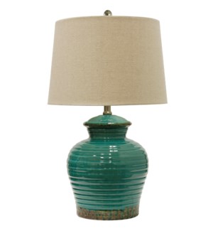 Turquoise ceramic jug table lamp with natural linen shade