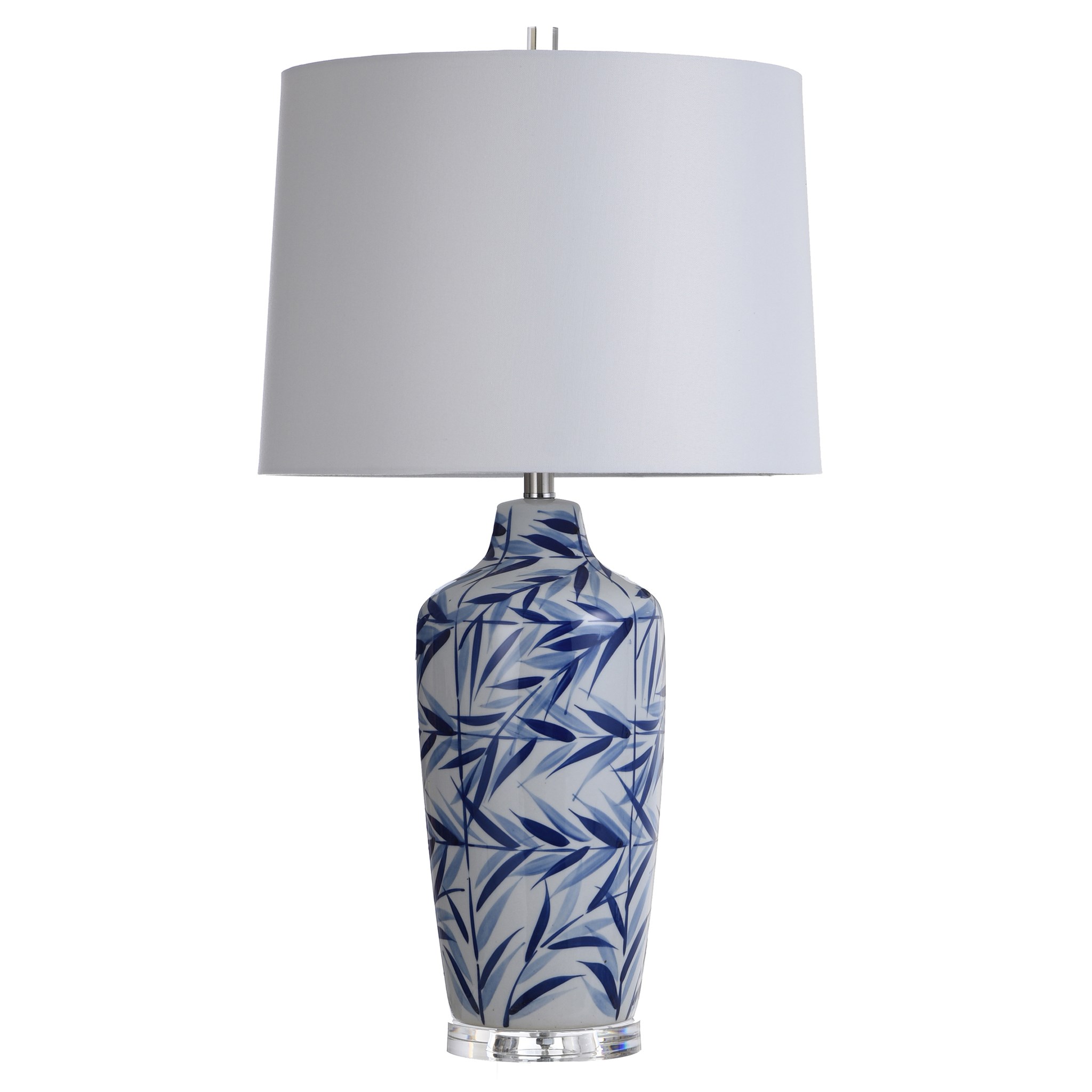 Hesper Blue 33in Traditional Blue and White Ceramic Table Lamp with Leaf Design on Acrylic