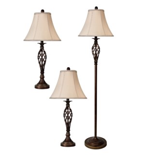 QB-Barclay brass multi pack set includes 2 table lamps floor lamp Natural linen shades