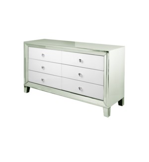 Six Drawer Mirrored Chest with White Glass Drawer Faces and Crystal Hardware