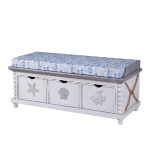 Montauk | 46in X 19in X 19in | 3 Drawer Storage Bench with Seahorse & Scallop Printed Cushion Top. M