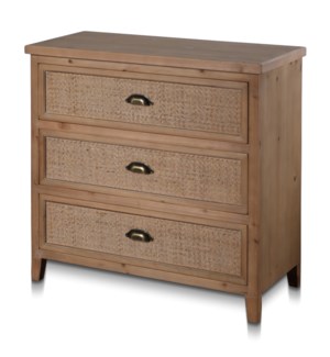 JONAH CHEST | 32in w. X 32in ht. X 16in d. | Three Drawer Fir Wood Chest with Woven Cane Drawer Fron