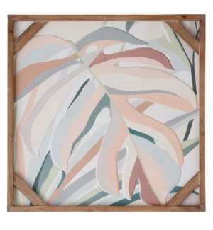 PASTEL RELIEF I | 24ht X 24w | Pastel Colored Raised Metal Leaves in Square Natural Wood Frame Wall