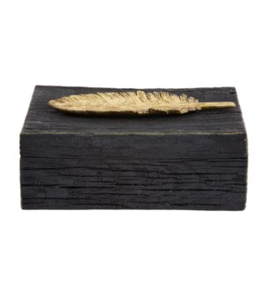 Rustic Faux Wood Box with Gold Feather Accent