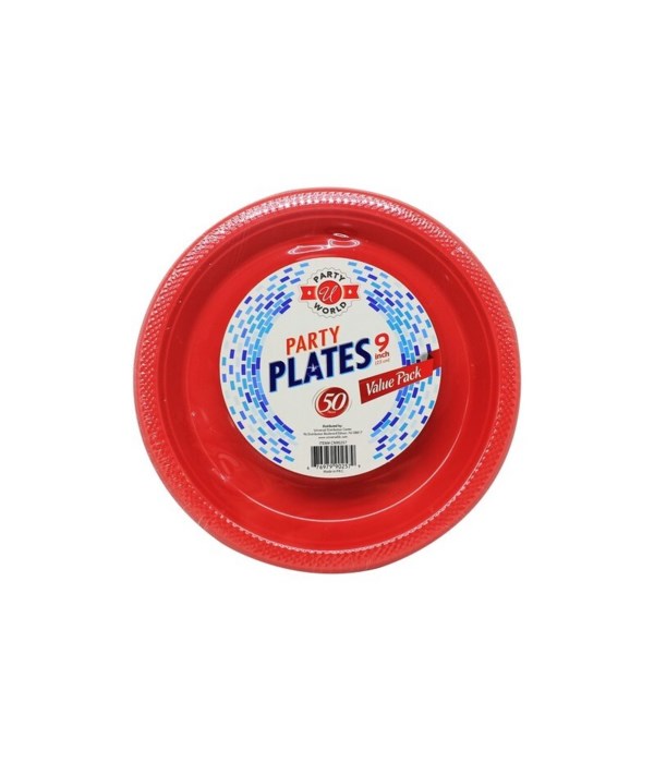 9" RED PLASTIC PLATE 12/50CT