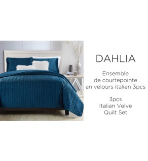 DAHLIA 3 pc ITALIA velvet- BLEU-Q 90X90-QUILT SET