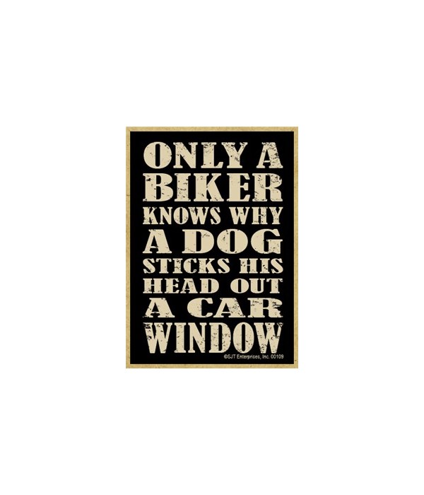 Only a biker knows why a dog sticks his