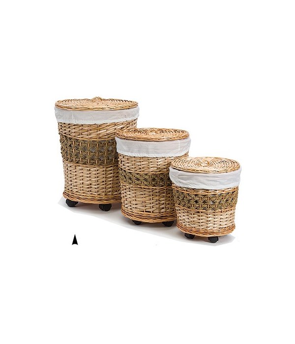 5/11-31 S/3 ROUND WILLOW HAMPERS ON CASTERS CS. PK.: 1