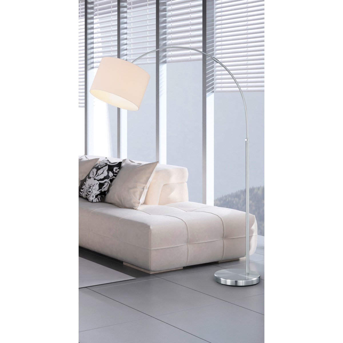 Grannus Arch Floor Lamp in Satin Nickel with White Shade