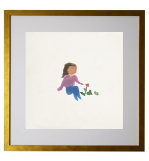 Watercolor girl with a flower, matted