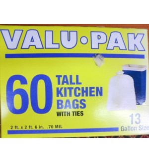 VALU*PAK TALL KITCHEN BAGS WITH TIES 13GAL 60CT