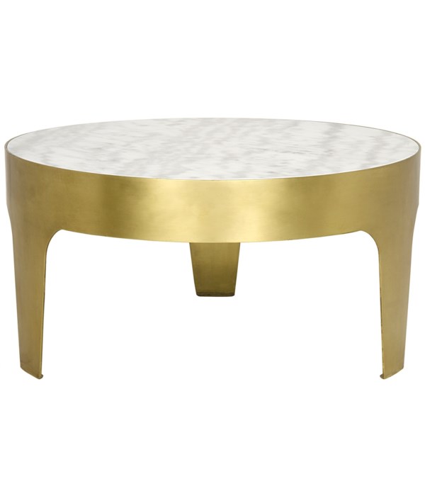 Cylinder Round Coffee Table, Antique Brass and White Marble