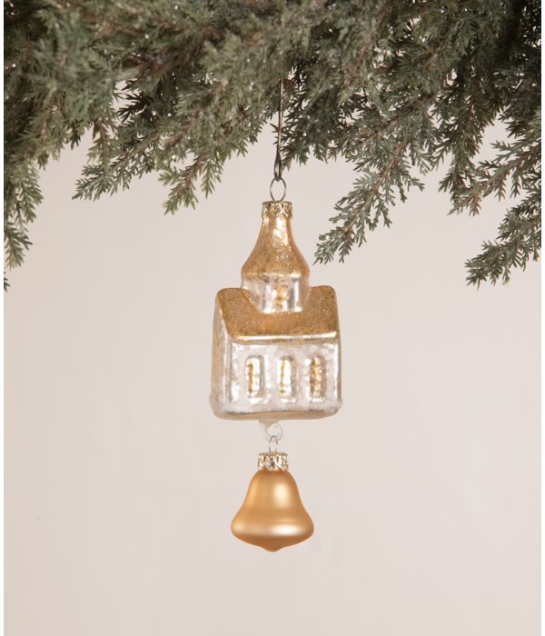 Peaceful Church with Bell Glass Ornament