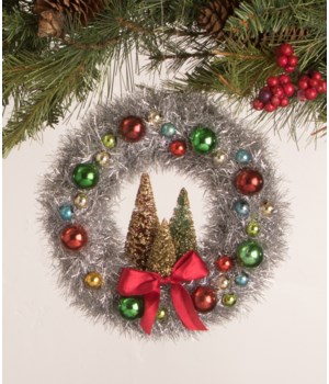 Merry and Bright Tinsel Wreath with Bottle Brush Trees