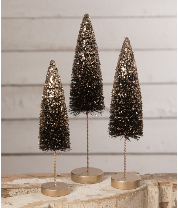 Black Bottle Brush Trees With Gold Glitter S3